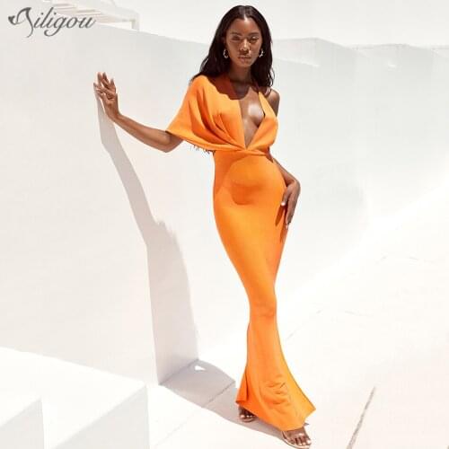 Ailigou 2021 Summer New Bandage WomenS Orange Sexy Deep V-Neck Open Back Split Tight Dress Vestidos