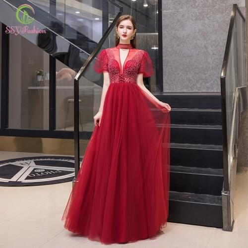 SSYFashion New High-end Red Evening Dress Luxury High-neck Sequins Beading Short Sleeve Long Formal Gown Vestido De Noche