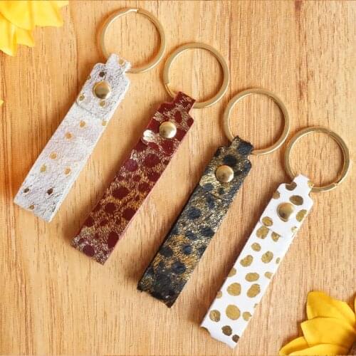 Gold Glitter Leopard Genuine Leather Handle Keychains for Women Father Brithday Gift Car Key Ring