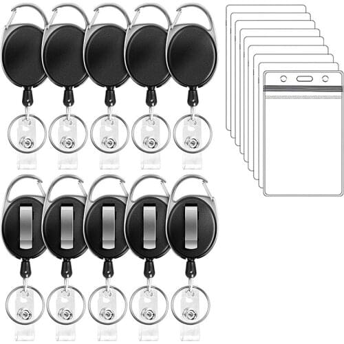 10 Pack Heavy Duty Retractable Badge Reel with Waterproof Vertical ID Card Holders and Key Ring