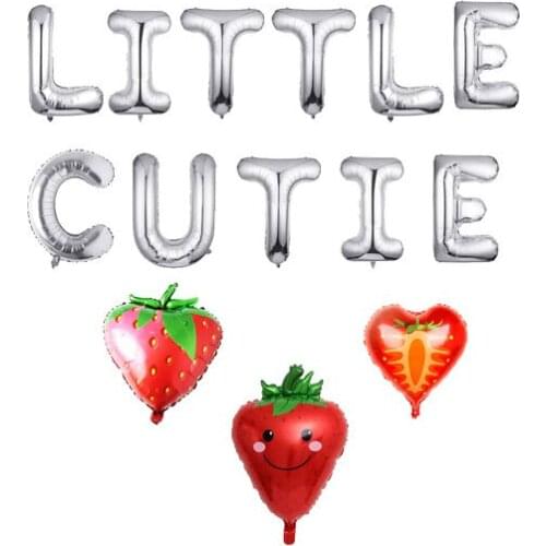 14Pcs Little Cutie Balloons, Strawberry and Letters Aluminum Balloons Kit, Hey Cutie Fresh Strawberry Fruit Themed Party Decor