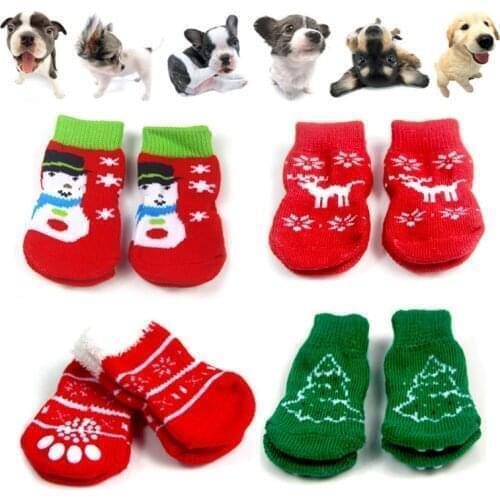 4pcs Christmas Lovely Dog Winter Shoes Anti-Slip Knit Socks Small Pet Cat Shoes Chihuahua Shoes Thick Warm Protector Dog Socks
