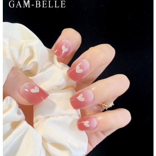 GAM-BELLE Pink Gradient Heart Pattern Artificial Nails Tips French Full Cover False Press On Nails Art Manicure Accessories