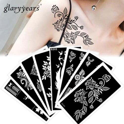 Glaryyears 8 Pieces/set Henna Tattoo Stencil Hollow Flower Lace Body Paint Henna Paste DIY Drawing for Women Sexy Makeup S200#33