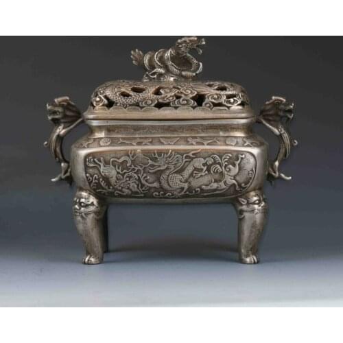 Chinese Tibetan Silver Hand-carved Dragon Incense Burner&Lid XuanDe Mark