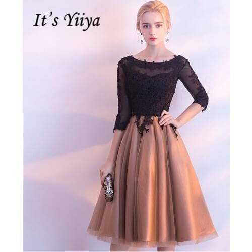 Its YiiYa Luxury Black And Yellow O-Neck Half Sleeve Backless Appliques Lace Up Cocktail Dresses Knee Length Formal Dress LX458