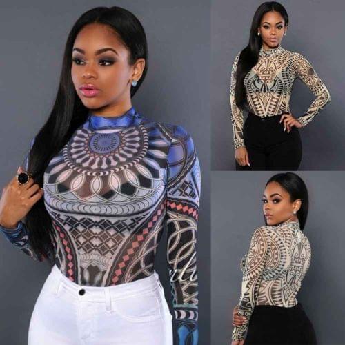 Hot Women Mesh Print Slim Long Sleeve Bodysuit Stretch Tops Playsuit Ladies Leotard Sexy Tops Romper Bodysuits Jumpsuit