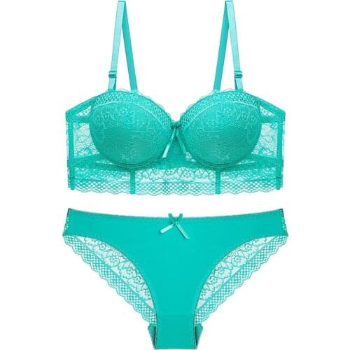 Green Half Cup Push Up Underwear Sets Women Bra and Panty Set Sexy Lace Brief Transparent Size 34 36 38 40 42 44 A B C Cup