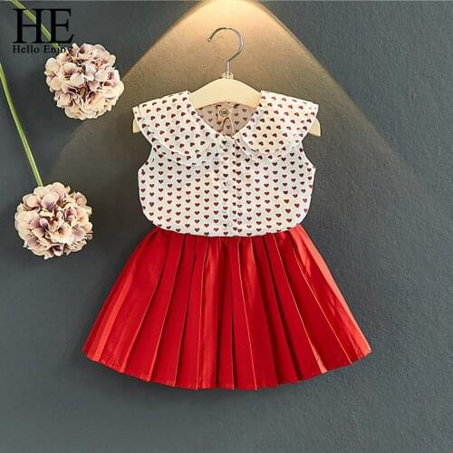 HE Hello Enjoy Baby Girls Clothes Sets Summer 2020 Clothes Little Love Printed Lapel Doll Shirt + Pleated Skirt Toddler Suits
