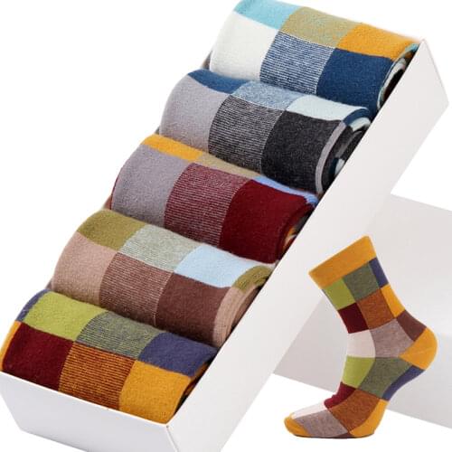 5 Pairs/Lot Combed Cotton Mens Socks Compression Socks Fashion Colorful Square Happy Dress Socks Men Size 39-45