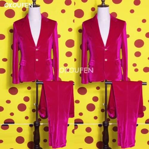 2018 New Fashion fluorescent pink satin suit costume Nightclub male DJ singer stage performance clothing set Party dress