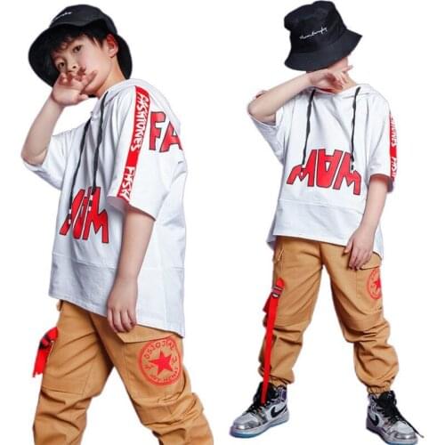 Hip Hop Clothes Kids Jazz Dance Costume White Hooded T-shirt Short Sleeve Suit Street Wear Stage Performance For Childrens Day