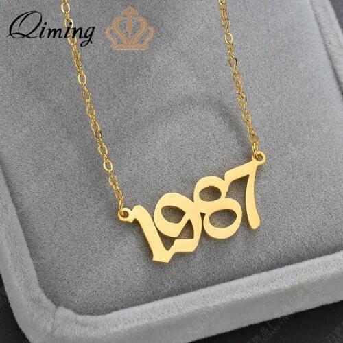 QIMING Date Birth Year Necklace For Women Girl Birthday Gift Old English Arabic Mumerals Gold Statement Necklace Baby Gift