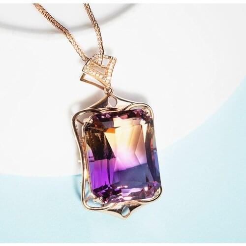 Elegant Amethyst Citrine Crystal Purple Gemstones Diamonds Pendant Necklaces For Women Rose Gold Color Jewelry Bijoux Bague Gift