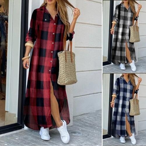 Fashion ZANZEA Women Maxi Shirt Dress 2021 Autumn Vintage Ladies Long Sleeve Vestidos Oversize Casual Plaid Robe Longue
