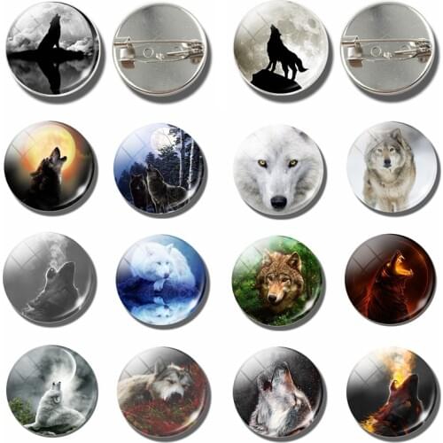 Full Moon Aggressive Wolf Pattern Silver Color Brooch Glass Cabochon Dome Jewelry Fashion Accessories Birthday Gift