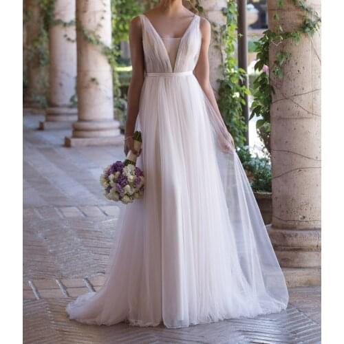 Romantic A-Line Wedding Gowns 2021 New Arrival Sexy V-Neck Tulle Bridal Bride Dress In Stock Vestidos De Novia