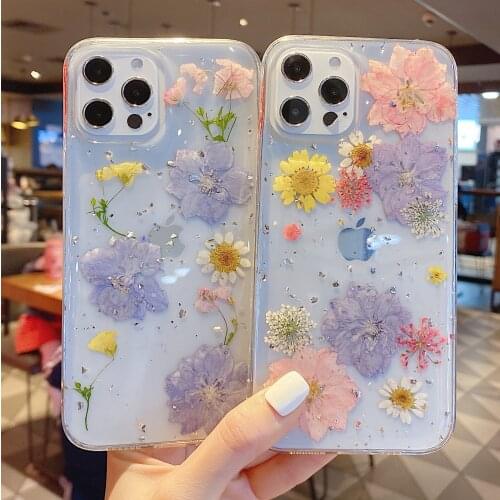 Luxury Real Dried Flowers Glitter Transparent Soft Phone Case For Iphone 12 Mini 11 Pro MAX X XR XS SE 2020 7 8 Plus Back Cover