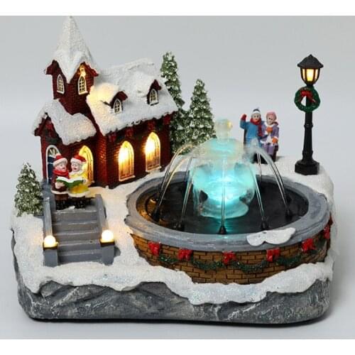 Christmas Village Scene Ornament Colorful LED Lighted Resin Snow House Music Water Fountain Animated Statues Figurine Home