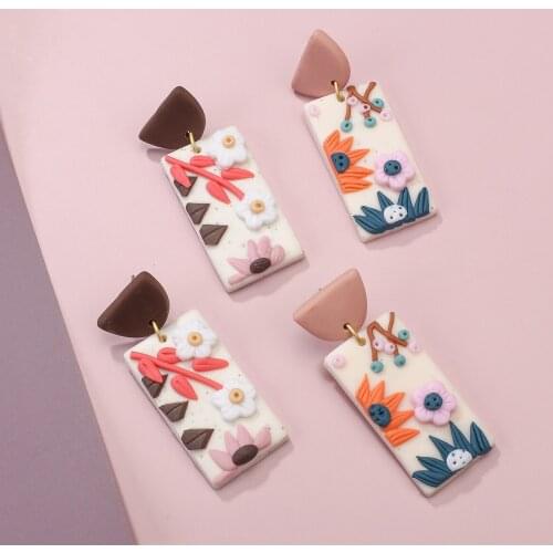 Lifefontier Korean Romantic Flower Clay Drop Earrings for Women Geometric Long Rectangle Dangle Unusual Earrings Fashion Jewelry