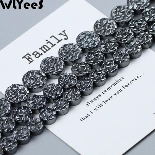 WLYeeS Carving Uneven Coin Black Natural Hematite 8/10/12 Flat Round Spacer Loose beads for DIY Jewelry necklace Bracelet Making