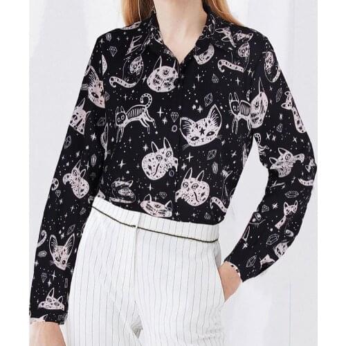 Women Shirt Fashion Cats Print Long Sleeves Turn-down Collar Women Office Top Blouse Shirt Womens Clothing 2021