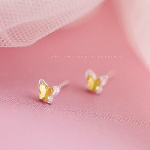 Double Gold color Butterfly Stud Earrings Korean Style Creative Personality Cute 925 Sterling Silver Earrings Women Jewelry