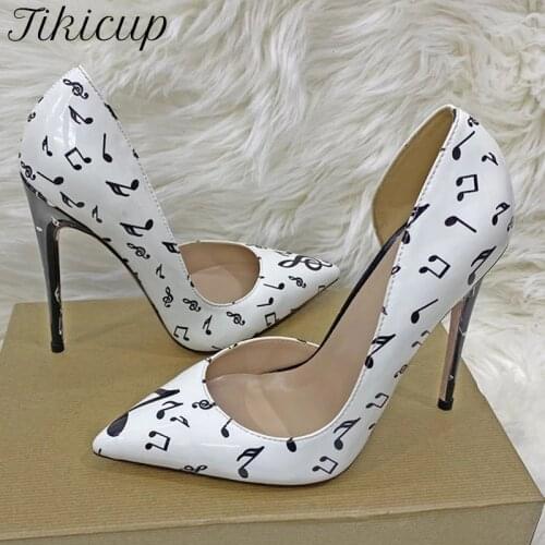 Tikicup Music Melody Print Women White Patent D'Orsay Pointy Toe High Heel Shoes Elegant Ladies Slip On Stilettos Chic Pumps