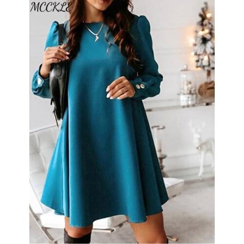 Women Back Metal Buttons O-neck Shirt Mini Dress Long Sleeve A-Line Tunics Female Dresses 2021 Spring Summer Vestidos Plus Size