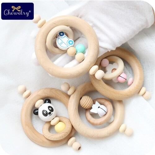 1pc Baby Rattle Toy Wooden Rings Food Grade Perle Silicone Teething Car Montessori Stroller Toy Wood Rodent ChildrenS Goods Toy