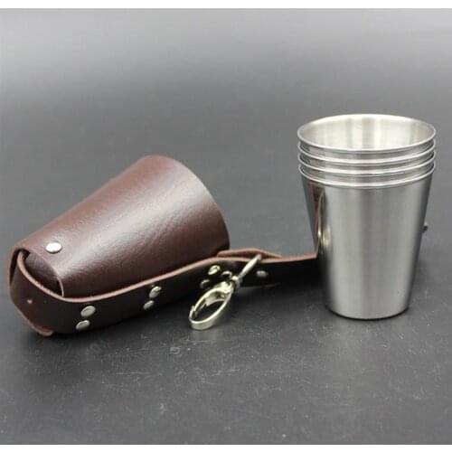 4 Pcs/Set 70ml Wine Cup Set Stainless Steel Whiskey Glasses Portable Beer Cup Set with Key Chain for Camping Travel