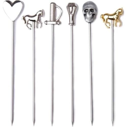 6pcs/Lot Reusable Stainless Steel Fruit Drink Sticks With Box Cocktail Martini Picks Bar Wedding Party Tools Gift