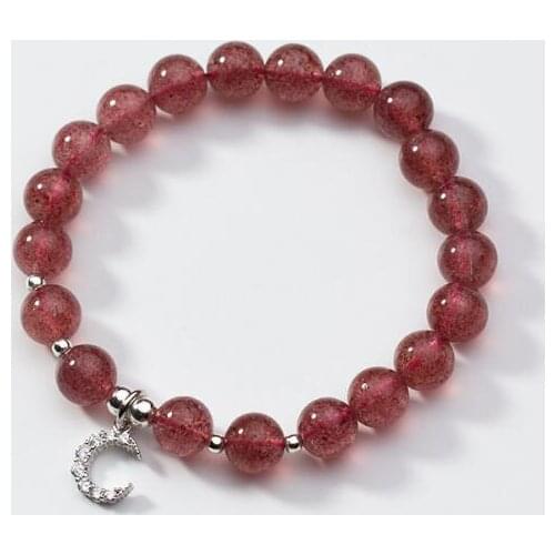 8MM Authentic Real. 925 Sterling Silver Fine Jewelry Natural Strawberry Quzrtz Stone&Moon crescent beads Charms Bracelet GTLS680