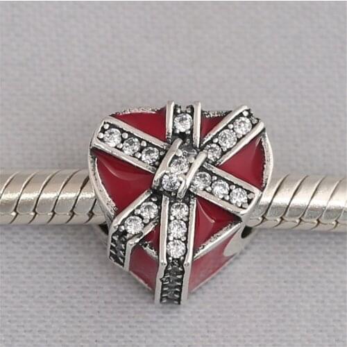 925 Sterling Silver Gifts of Love, Magenta Enamel & Clear CZ Bead Fit pandora Bracelet Jewelry