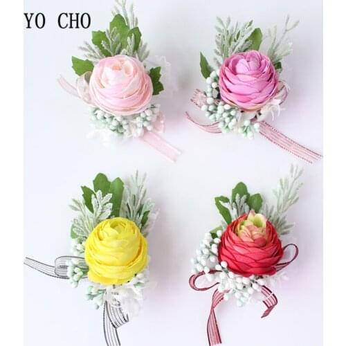 White Pink Silk Flowers Corsage Bracelet Bridesmaids Artificial Flowers Wedding Groom Boutonniere Wedding Marriage Corsage Pins