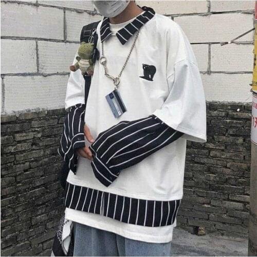 Harajuku t shirt Embroidery Hawaiian Shirt False Two Paper Lapel Collar Tide Stripe Printing French Cuff White Shirts