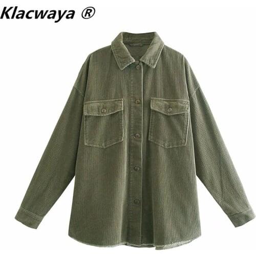 Klacwaya 2021 Women Fashion Patch Pockets Oversized Corduroy Jacket Coat Vintage Long Sleeve Frayed Female Casual Outerwear Tops