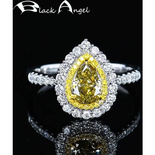 BLACK ANGEL Luxury Water Drop Shaped Citrine Rings For Women Yellow Gemstone Adjustable Finger Ring Wedding 925 Silver Jewelry