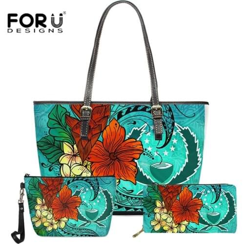 Women Bags 3Pcs Set Pohnpei Print Shoulder Bag Leather PU Handbags and Wallet Hawaii Hibiscus Style Totes Travel Storage Bag