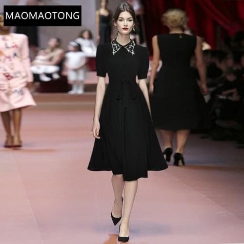 Fashion Designer Dress Summer Womens Dress Turn-down Collar Beading Belt Black Midi Dress