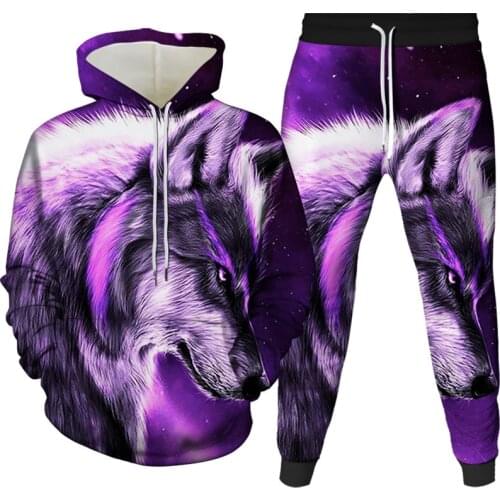 2021 Wolf design ​Autumn Winter 3D Printed Mens Hooded Sweatshirt Long Sleeve Mens Sportswear Set Suit