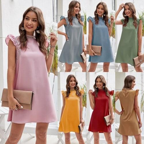 New Womens Loose Dress Summer Sleeveless Solid Color Ruffle Lace Womens Short Sleeve Comfortable Elegant High Collar Miniskirt
