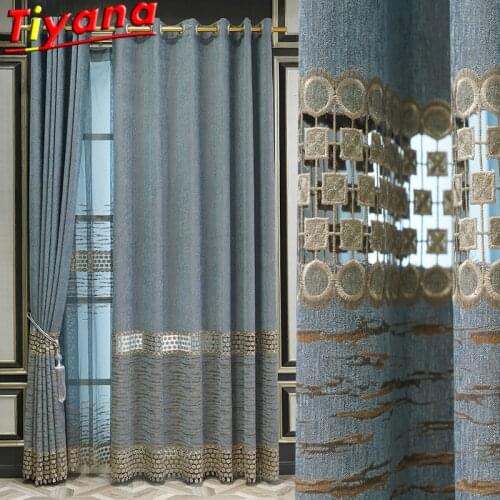 Art Hollow OUT Geometry Curtains for Living Room Modern Blackout Blue Stitching Chenille Window Drape for Bedroom X-ZH228#VT