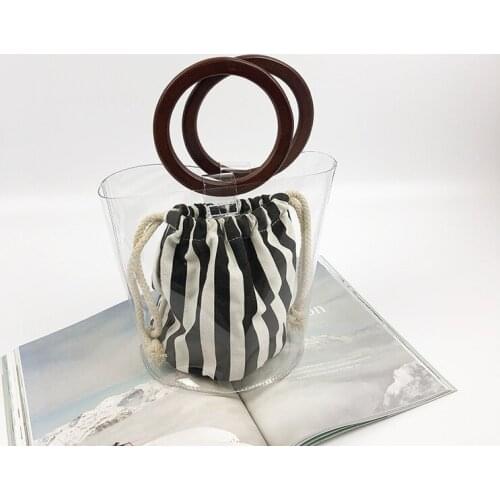 Transparent PVC Mirror Face jelly bun Mother bag Wood Portable Bucket handbag Women Fresh Summer Beach Bag Leisure Purses