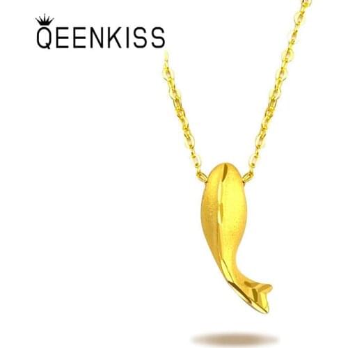 QEENKISS NC509 Fine Jewelry Wholesale Fashion Woman Girl Birthday Wedding Gift Dolphin Shape 24KT Gold Slim Pendant Necklace