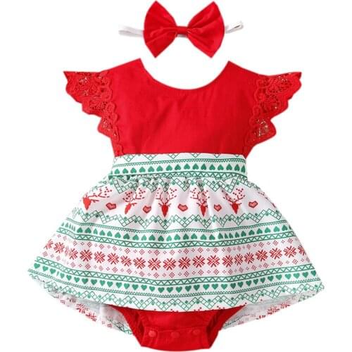 Christmas Newborn Baby Girls Clothes Deer Print Bodysuit Cotton Fly Sleeve Baby Jumpsuit And Headband Baby Clothing