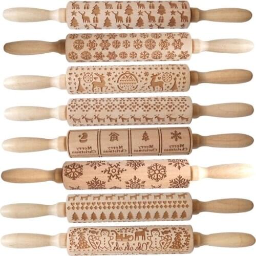 Embossing Christmas Rolling Pin ECO Wooden Christmas Engraved Carved Embossing Rolling Pin Dough Stick LX2434