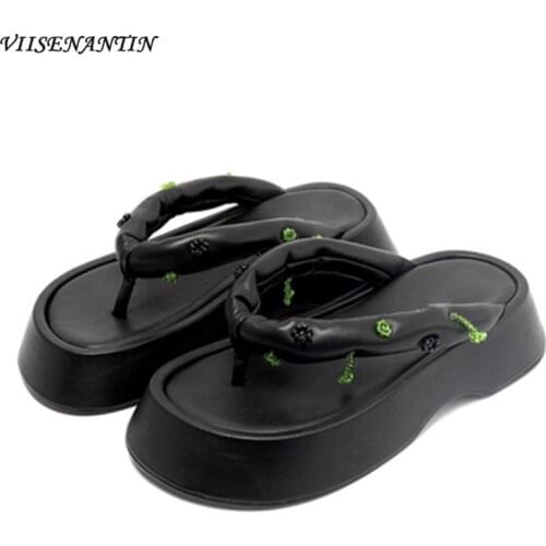 Sandals Womens New Summer Crystal Beads Flower Flip-flop Sandals and Slippers Thick-soled Outer Wear Fashionable Beach Shoes