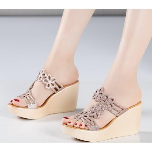 Large size 43 Summer Platform Shoes Wedges Slippers 2021 Silver & Gold Rhinestone Wedding Shoes High Heel Slides Womens sandals