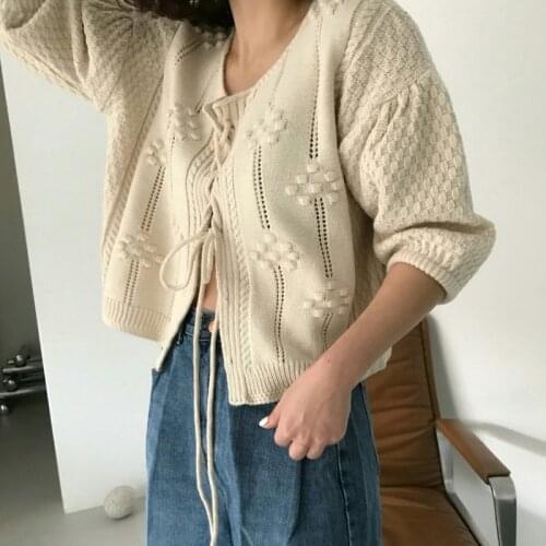 2021 New Women Autumn Sweet Short Flower Sweater Jacket Lacing Up Puff Sleeve Knitted Coat Round Collar Loose Outwear
